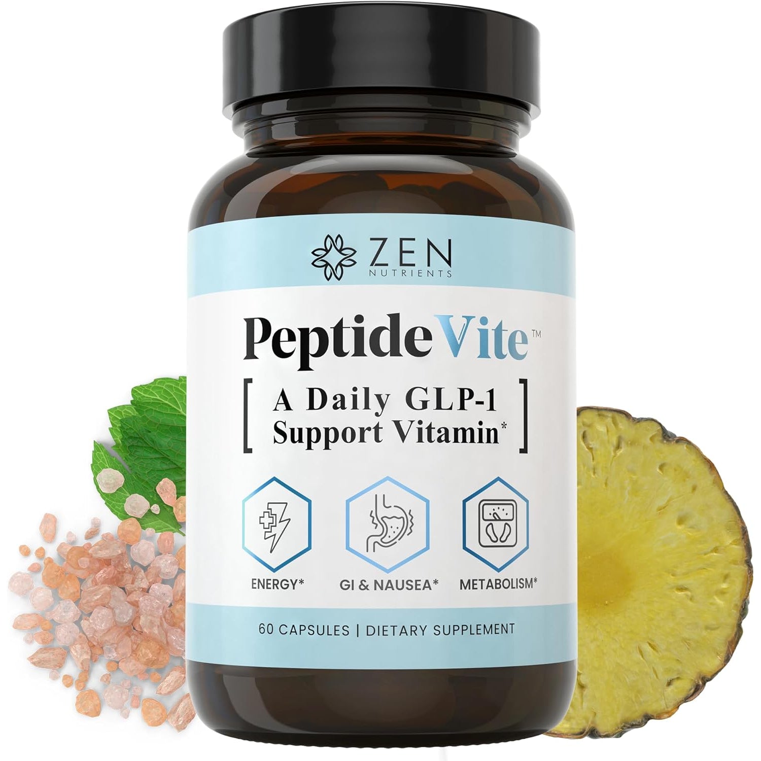 Zen Nutrients Peptidevite GLP-1 Support Vitamin for Gut Health with Probiotics, Bromelain, Chromium Picolinate & Organic Ginger (60 Capsules)