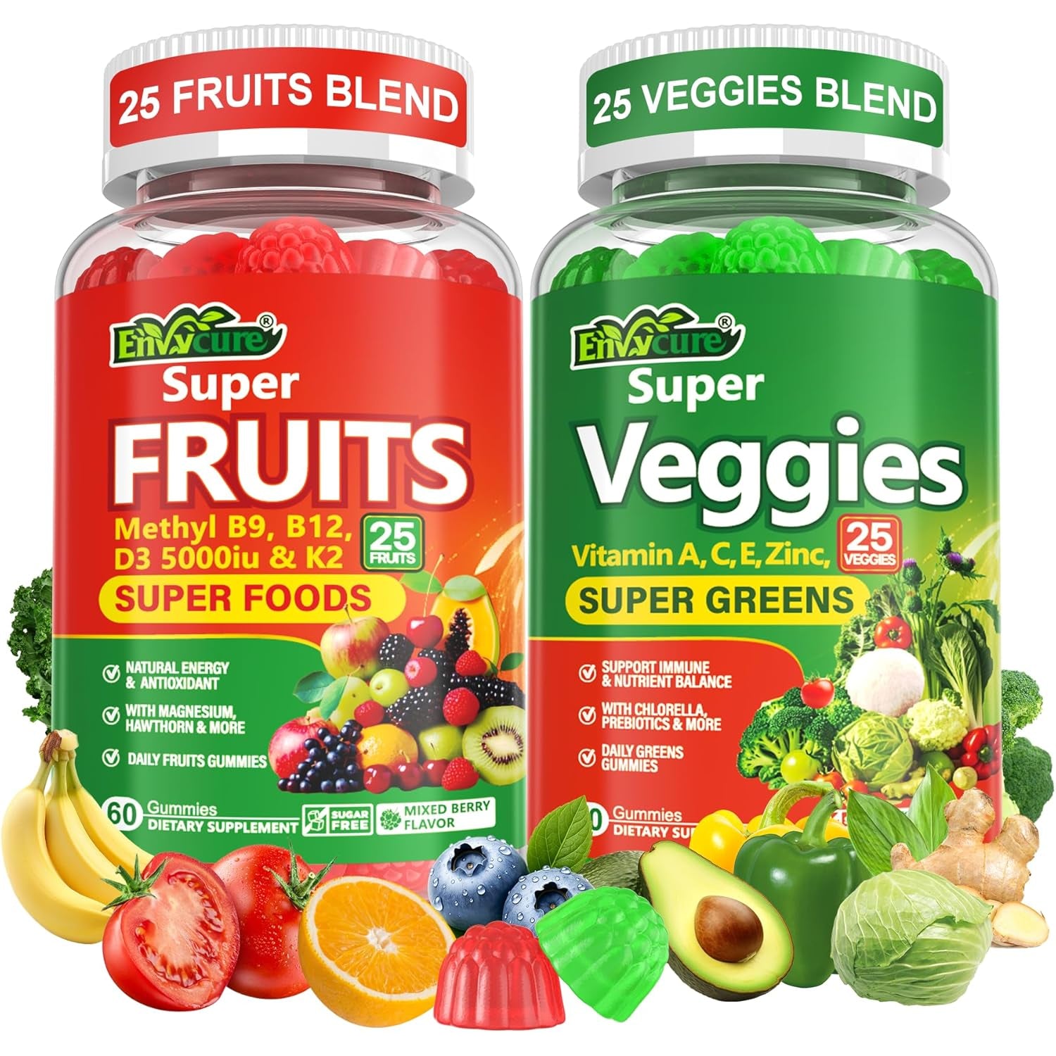 Super Greens Gummies, Daily Green Superfood Supplement W/Spirulina, Chlorella, Mushrooms, Probiotics, Multivitamins, 50+ Super Greens & Veggies Gummies to Boost Immunity, Energy & Gut Health, 120Cts