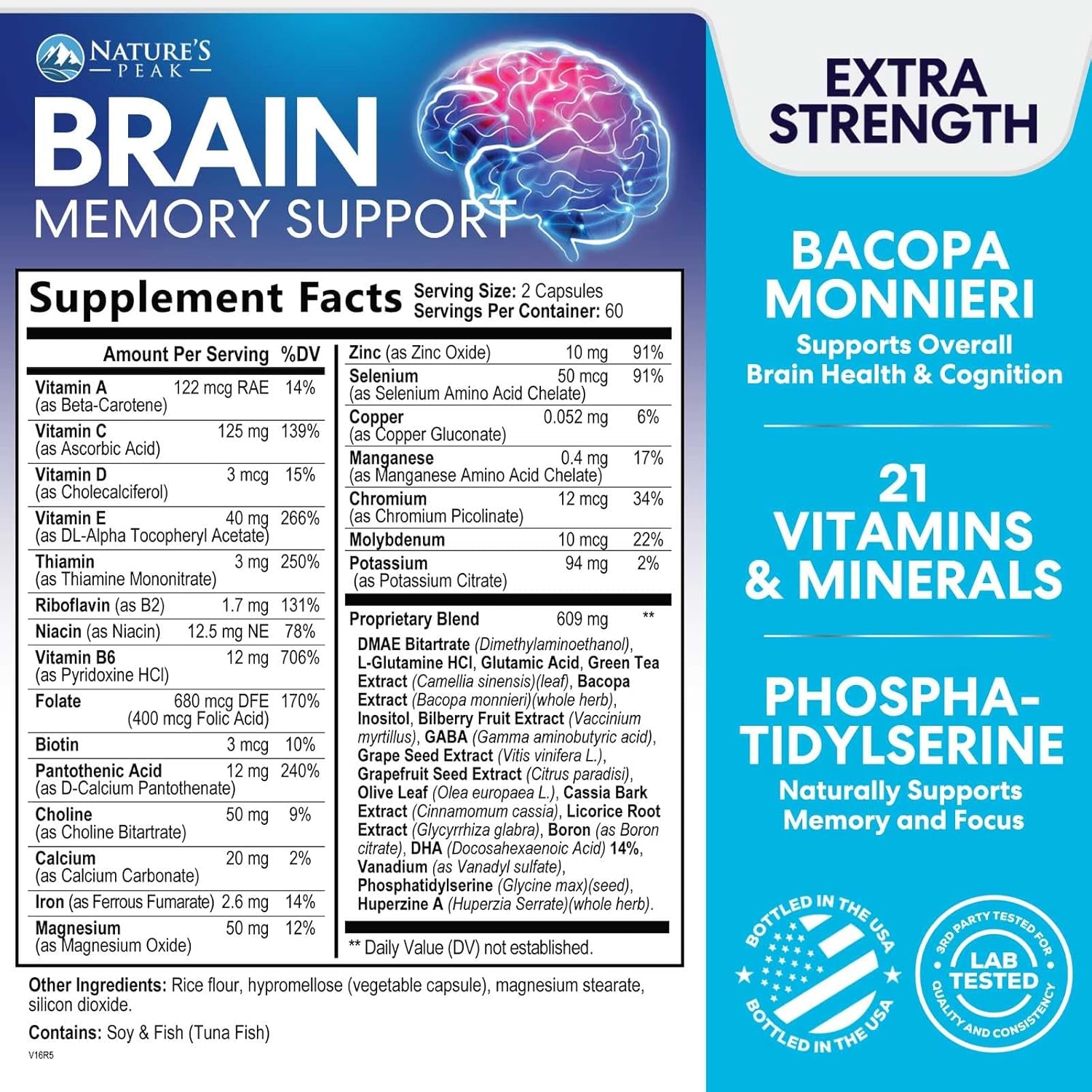 Brain Memory Supplement Pills - 3X Strength Nootropics for Concentration, Clarity & Focus Support - Brain Health Cognitive Vitamins with Bacopa, Phosphatidylserine & DMAE, Brain Booster, 120 Capsules
