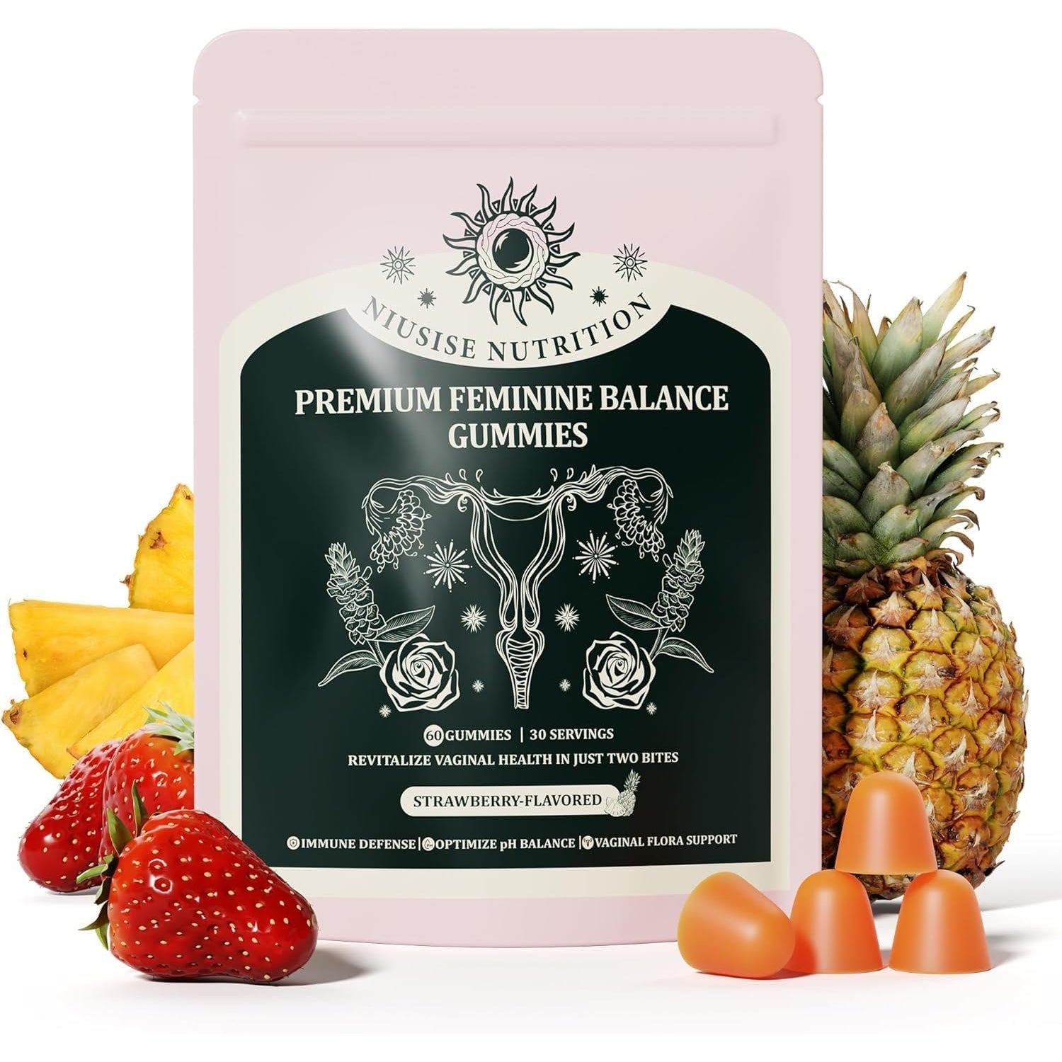 NIUSISE Feminine Balance Gummies, Premium Balance Supplement for Women PH Health, Immune Support, Vegan, Gluten-Free - Hawaiian Pineapple - 120 Gummies - 60 Servings 2 Pack.