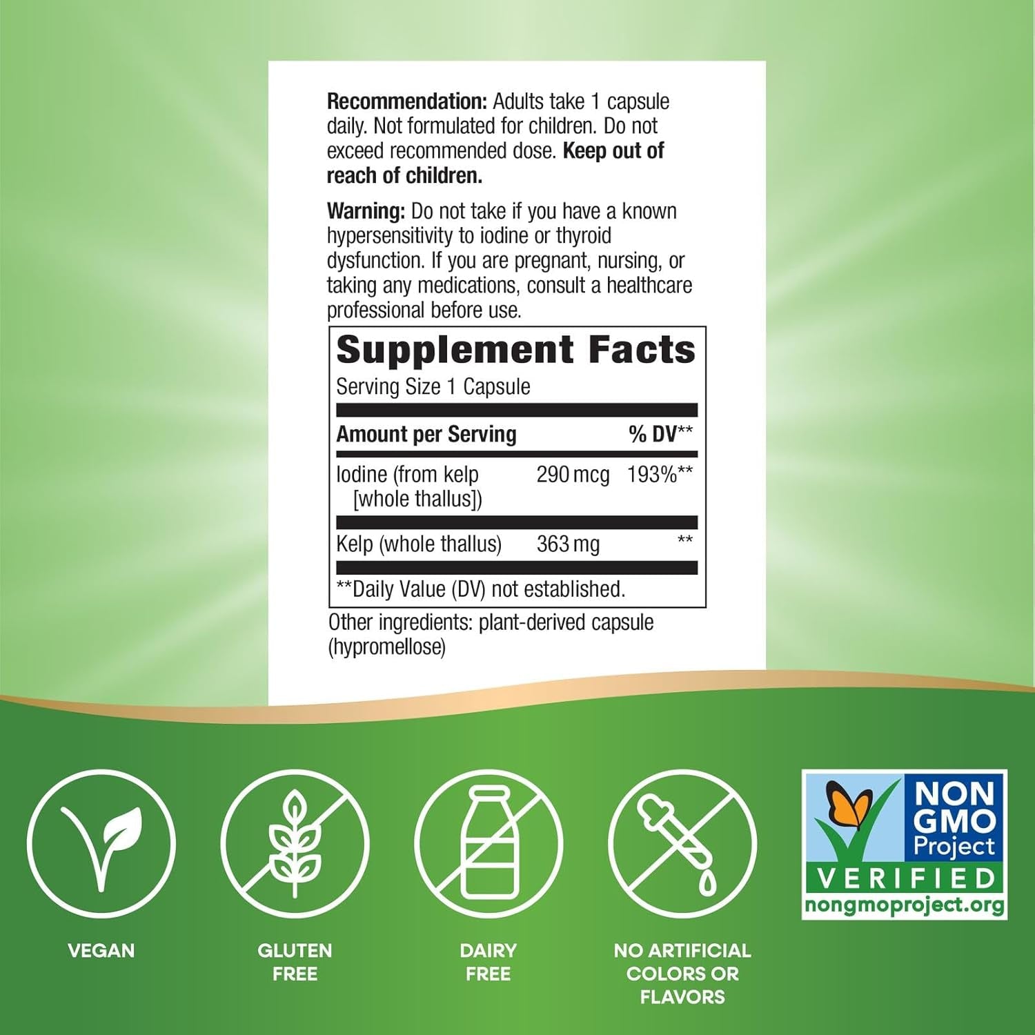 Nature'S Way Kelp - Kelp Supplement for Thyroid Function Support* - Botanical Ingredient - Plant-Derived Capsule - Plant-Sourced Iodine - Vegan, Gluten-Free & Dairy-Free - 180 Count (180 Servings)