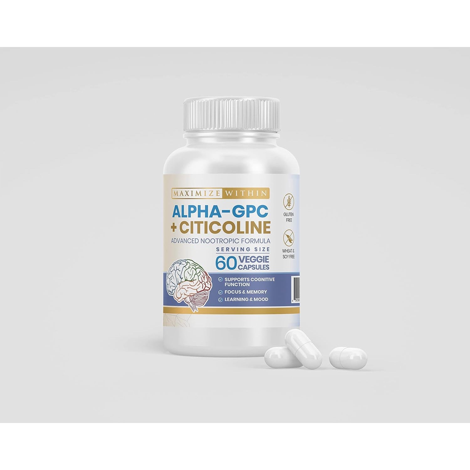 Alpha GPC + Citicoline 60 Ct, 1600Mg Concentrated Formula- 99%+Highly Purified & Bioavailable Nootropic-Cognitive Enhancer, Supports Memory, Brain Function, Boosts Focus, Mood & Energy
