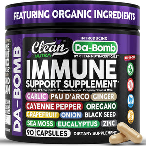 Organic Immune Support with PAU D'Arco Garlic Cayenne Pepper Oregano Ginger Grapefruit Onion Black Seed Sea Moss Black Pepper Zinc Eucalyptus Vitamin C Vitamin D Organic Soursop by Clean Nutra