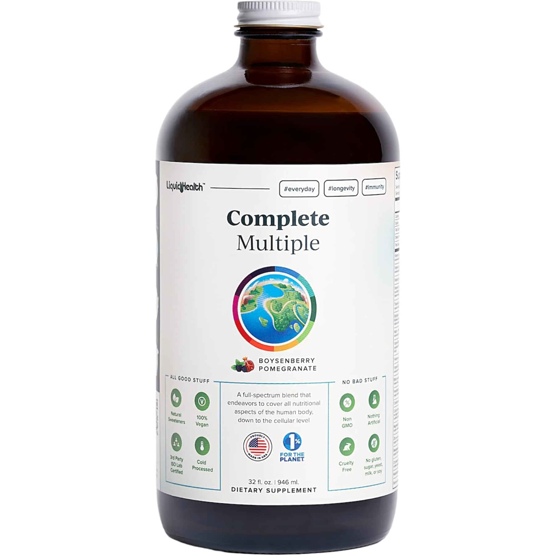 LIQUIDHEALTH Complete Multiple Adult Liquid Multivitamin - Essential Vitamins, Minerals & Nutrients, Immune Support, Gut Health, Energy, Detox - Made in USA, Vegan, Non-Gmo, Sugar-Free (32 Oz)