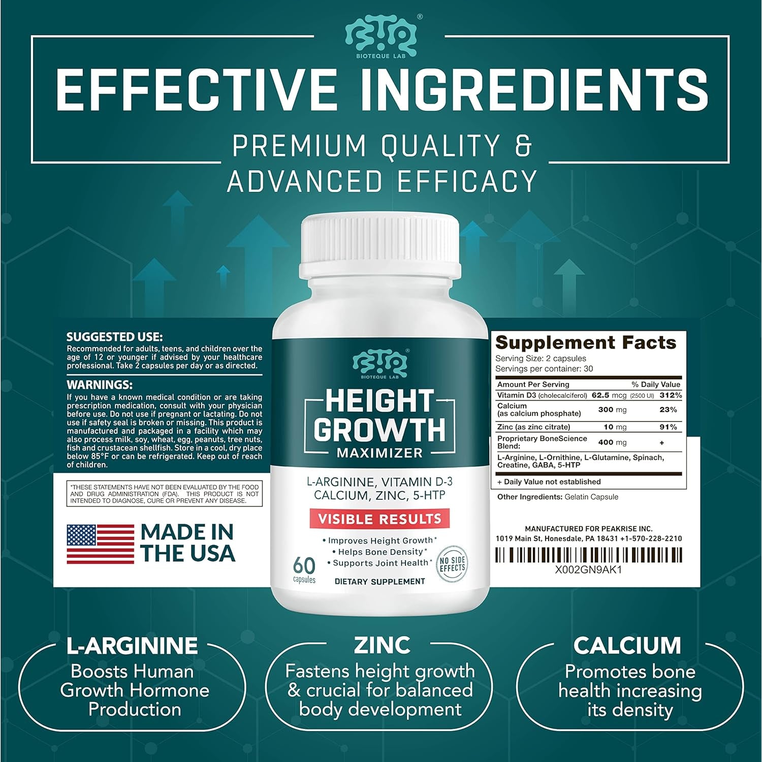 BIOTEQUELAB Height Growth Maximizer, Calcium, Vitamin D3 and Zinc Blend Pills, Bone Growth Supplement for Kids and Teens, Bone Strength, Density Support, Gmo-Free, Gluten-Free, Made in USA, 60 Caps