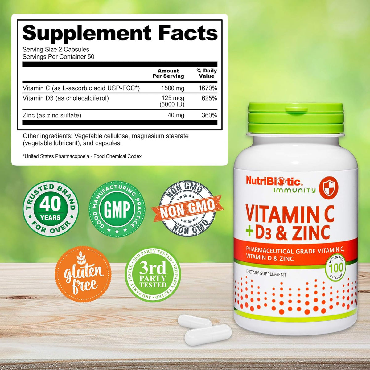 Nutribiotic – Vitamin C + Vitamin D3 & Zinc, 100 Capsules | Potent, Comprehensive Immune Support | Essential & Antioxidant Daily Supplement | Gluten & GMO Free