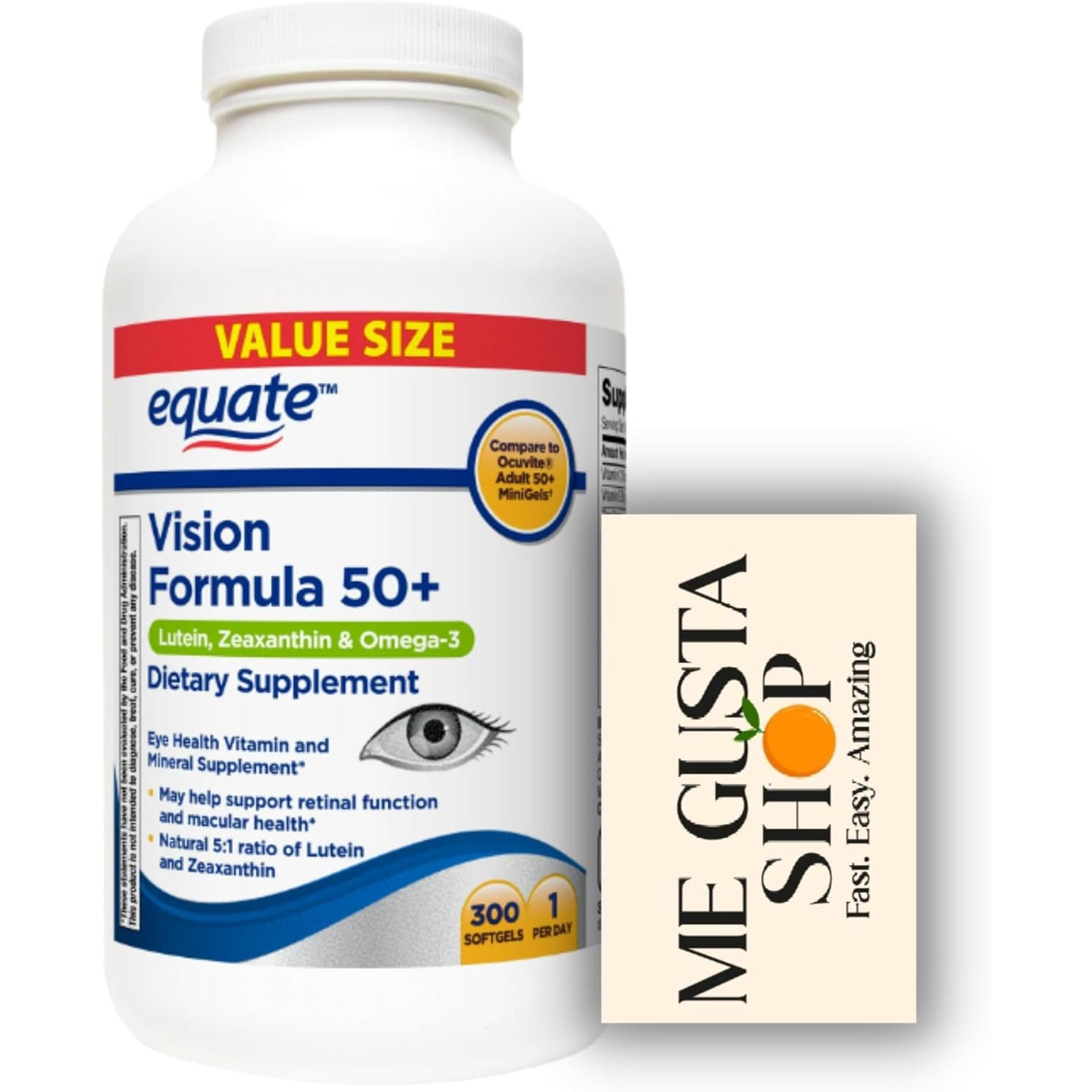 Equate Vision Formula 50+ Softgel Dietary Supplement, 300 Count + Me Gusta Sticker