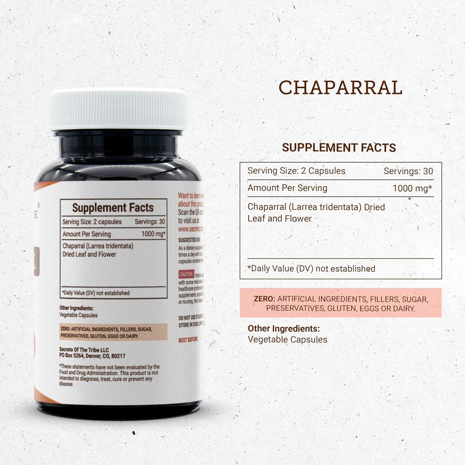Secrets of the Tribe Chaparral 60 Capsules, 1000 Mg, Chaparral (Larrea Tridentata) Dried Leaf and Flower (60 Capsules)