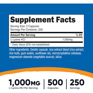 Nutricost L-Lysine 1000Mg per Serving, 250 Servings, 500 Capsules - Gluten Free, Non-Gmo, 500Mg per Capsule