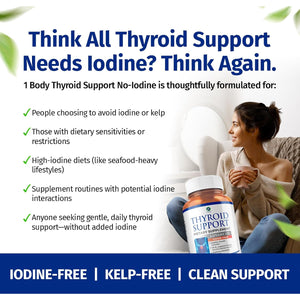 1 Body Thyroid Support Supplement for Women – Iodine Free Formula with Selenium, Zinc & Ashwagandha – Supports Energy, Metabolism & Hormone Balance – 60 Vegan Capsules