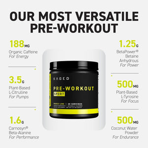 Kaged Sport Pre Workout Powder for Men & Women, Mango Lime, Sport Certified, 188Mg Caffeine, Nitric Oxide Supplement, Beta Alanine for Energy, Weightlifting, Cardio Endurance & Strength, 20 Servings
