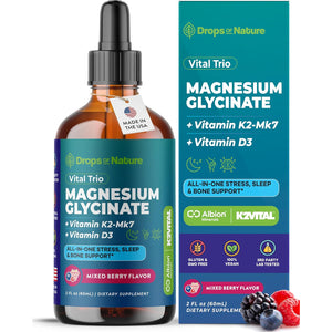 Magnesium Glycinate, Vitamin K2 & D3 Supplement – Vegan, Gmo-Free – VIT D MK7 K2 Vitamin Supplement & Magnesium Blend – with Nutrients for Bone, Sleep & Daily Relaxation Support (Mixed Berry, 60 Ml)