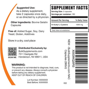 Bulksupplements.Com N-Acetyl L-Cysteine 1000Mg Capsules - N-Acetyl Cysteine 1000Mg, NAC Supplement - NAC 1000Mg, Gluten Free - 2 Capsules per Serving, 360 Capsules (Pack of 1)