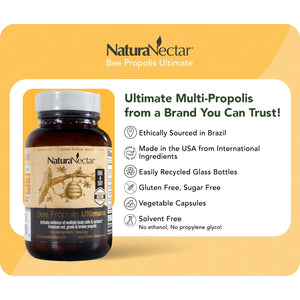 Naturanectar - Ultimate Bee Propolis Capsules - NSF Contents Certified -Brazilian Red, Brown, & Green - Gluten-Free Supplement with Flavonoids - Naturally Sourced through Ethical Beekeeping (60Pcs.)