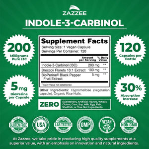 Zazzee High Absorption Indole-3-Carbinol (I3C), 200 Mg per Capsule, 120 Vegan Capsules, 4 Month Supply, 5 Mg Bioperine for Enhanced Absorption, 100% Vegetarian, All-Natural and Non-Gmo