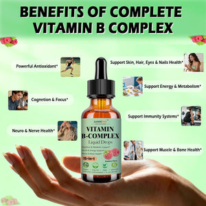 Vitamin B Complex Liquid Drops for Women Men & Kids, 15-In-1 VIT B Complex with Vitamin C B12 B6 B1 Niacin Folate Magnesium for Brain Nerve Neuropathy Energy Mood Health, Sublingual B-Complex Drops