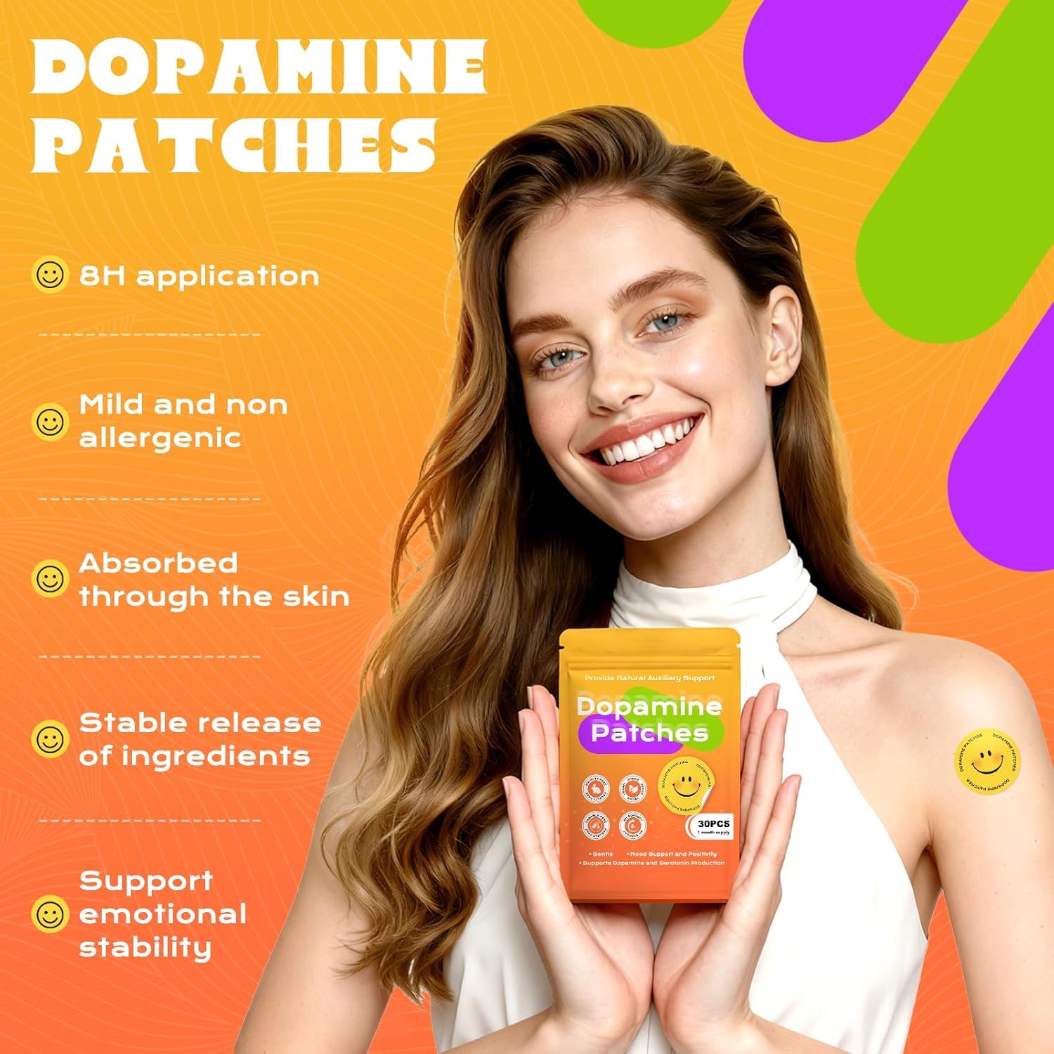 Dopamine Patches Extra Strength, Mood Support Patches for Daily Mood Boost & Positivity Support, Motivation (30 Pcs)