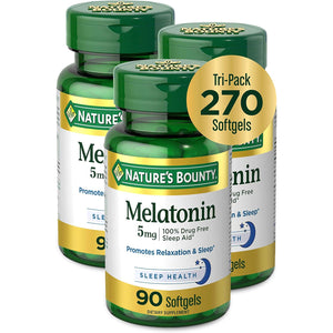 Nature'S Bounty Melatonin 100% Drug Free Sleep Aid, Dietary Supplement, Promotes Relaxation and Sleep Health, 5 Mg, 90 Count, Pack of 3