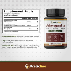 Ashwagandha Capsules 3,000 Mg - 120 Vegan Cap Made with Organic Ashwagandha Powder and Root Extract. Gluten Free. Made in USA