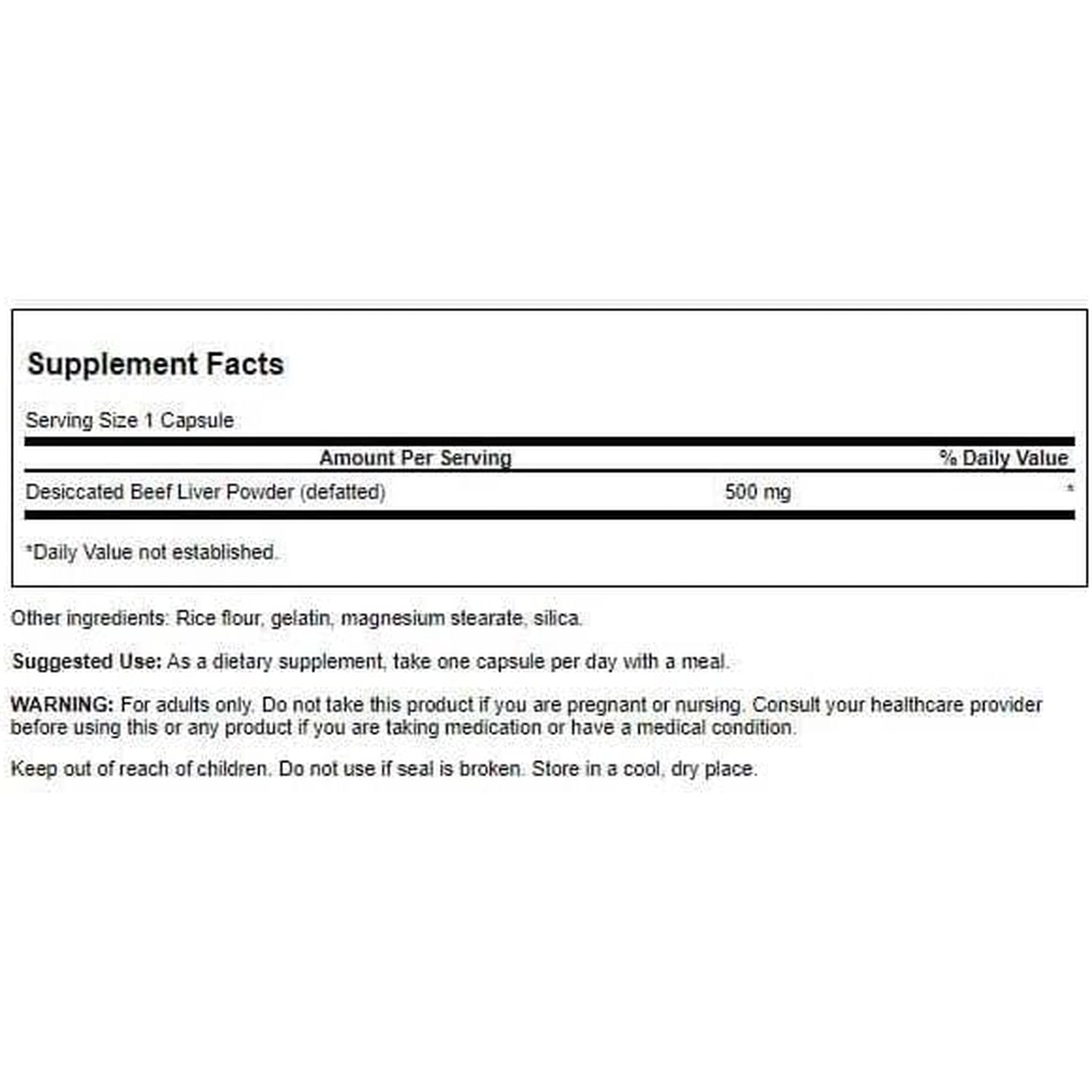 Swanson 100% Pure Defatted Desiccated Beef Liver 500 Milligrams 120 Capsules