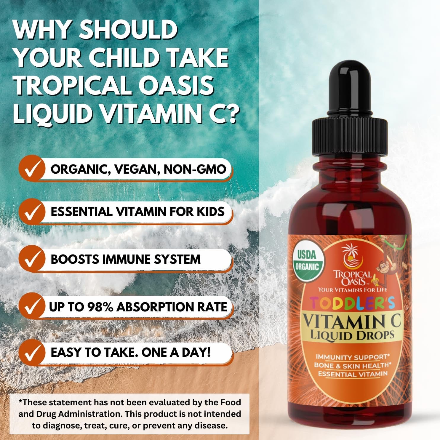 USDA Organic Toddler Vitamin C Drops | Organic Vitamin C Liquid Drops for Toddlers & Babies Ages 1-3 Years | Supports Healthy Immune System | Vegan | Non-Gmo | Gluten Free | 60 Servings