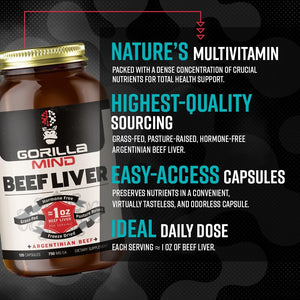 Gorilla Mind Grass-Fed Argentinian Beef Liver - Nature’S Multivitamin/Beef Liver Supplement in Freeze Dried Capsules/Pasture Raised/Hormone Free/1 Oz