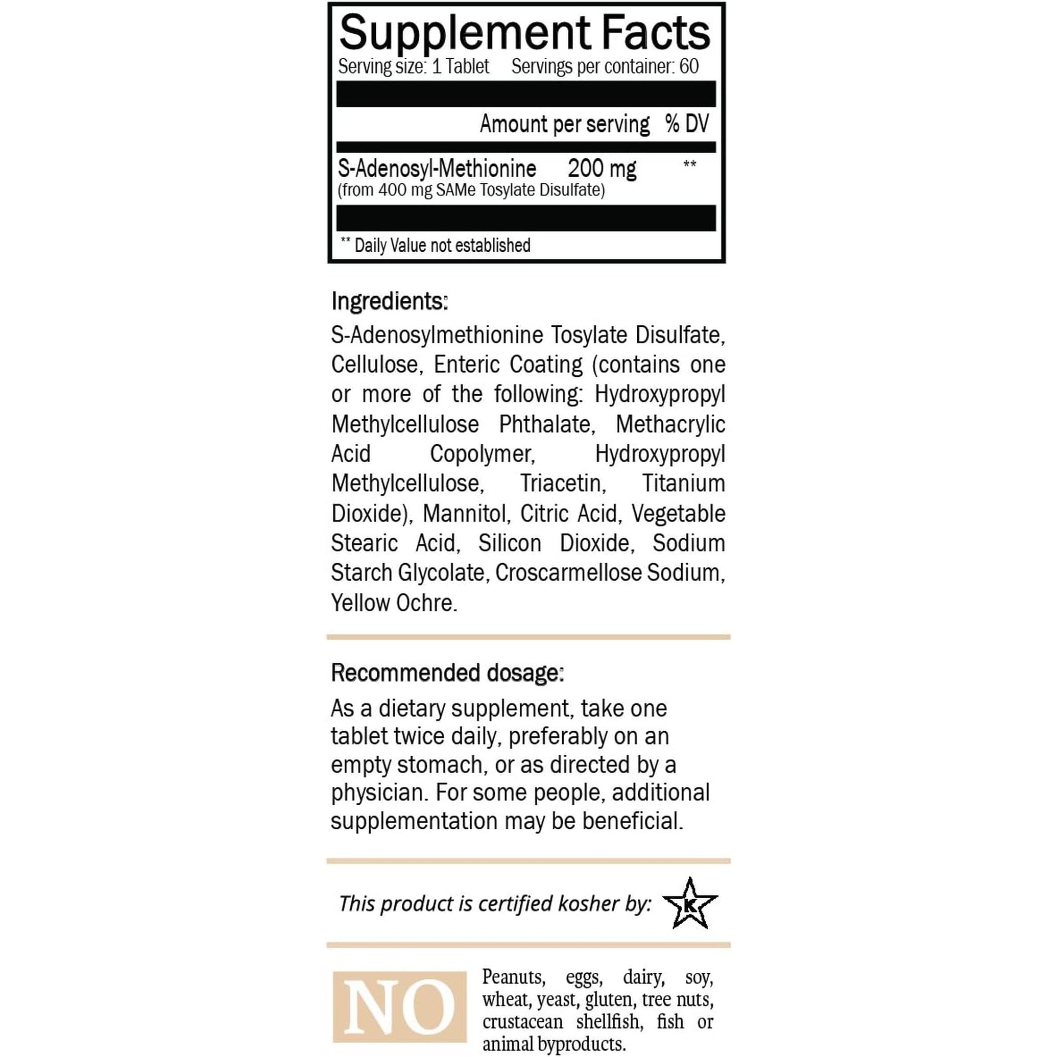 Sam-E 200Mg Daily Supplement - Vegan, Kosher, Non-Gmo, Soy Free, Gluten Free - 60 Enteric Coated Tablets - Cold Form Blister Packed - by Nature’S Trove