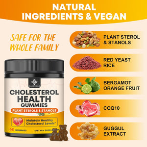 Cholesterol Supplements with 1200Mg Plant Sterols & Stanols, Guggul, Bergamot, Red Yeast Rice, Cholesterol Complex Gummies Support Healthy Cholesterol Levels, Pineapple Flavor, 60 Counts