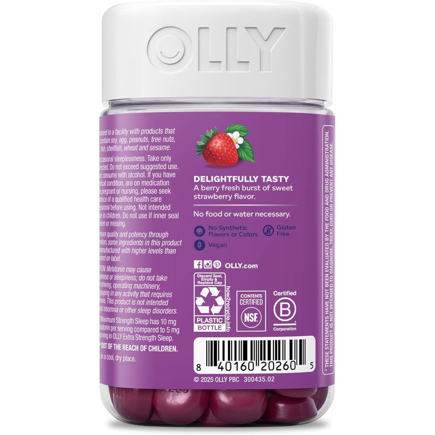 OLLY Max Strength Sleep Gummy, 10Mg Melatonin, L-Theanine, Chamomile, Lemon Balm, Sugar Free, Vegetarian Sleep Aid, Strawberry - 70 Count