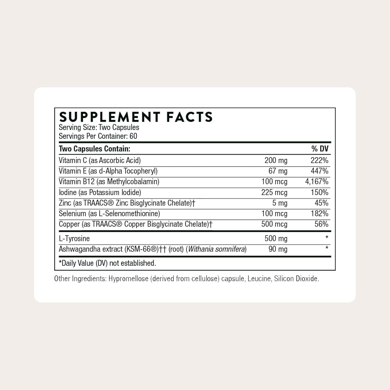 THORNE - Thyroid Health Complex - Thyroid Cofactors for Thyroid Function Support* - Vitamins B12, C & E, Ashwagandha, Iodine, Zinc, Selenium, Copper & L-Tyrosine - Third-Party Certified - 120 Capsules