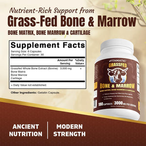 Vitamatic Grass-Fed Beef Bone & Marrow 180 Capsules – Freeze-Dried, Non-Gmo, Bovine Liver Supplement – Pasture-Raised, Glandular-Based Formula