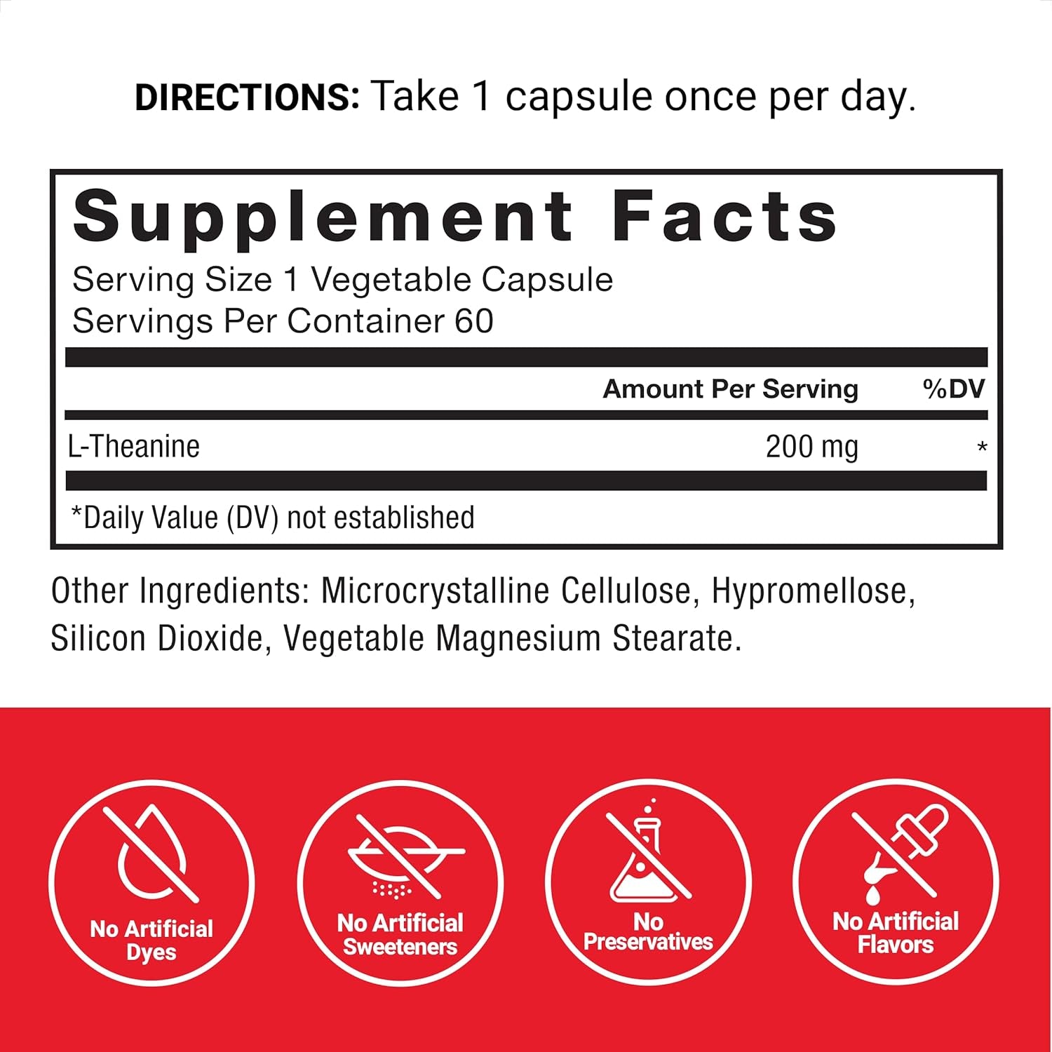Force Factor L Theanine 200Mg, Extra Strength L-Theanine Supplement for Stress Relief, and Supporting Calm and Relaxation, Vegan, Non-Gmo, No Gelatin, 60 Vegetable Capsules