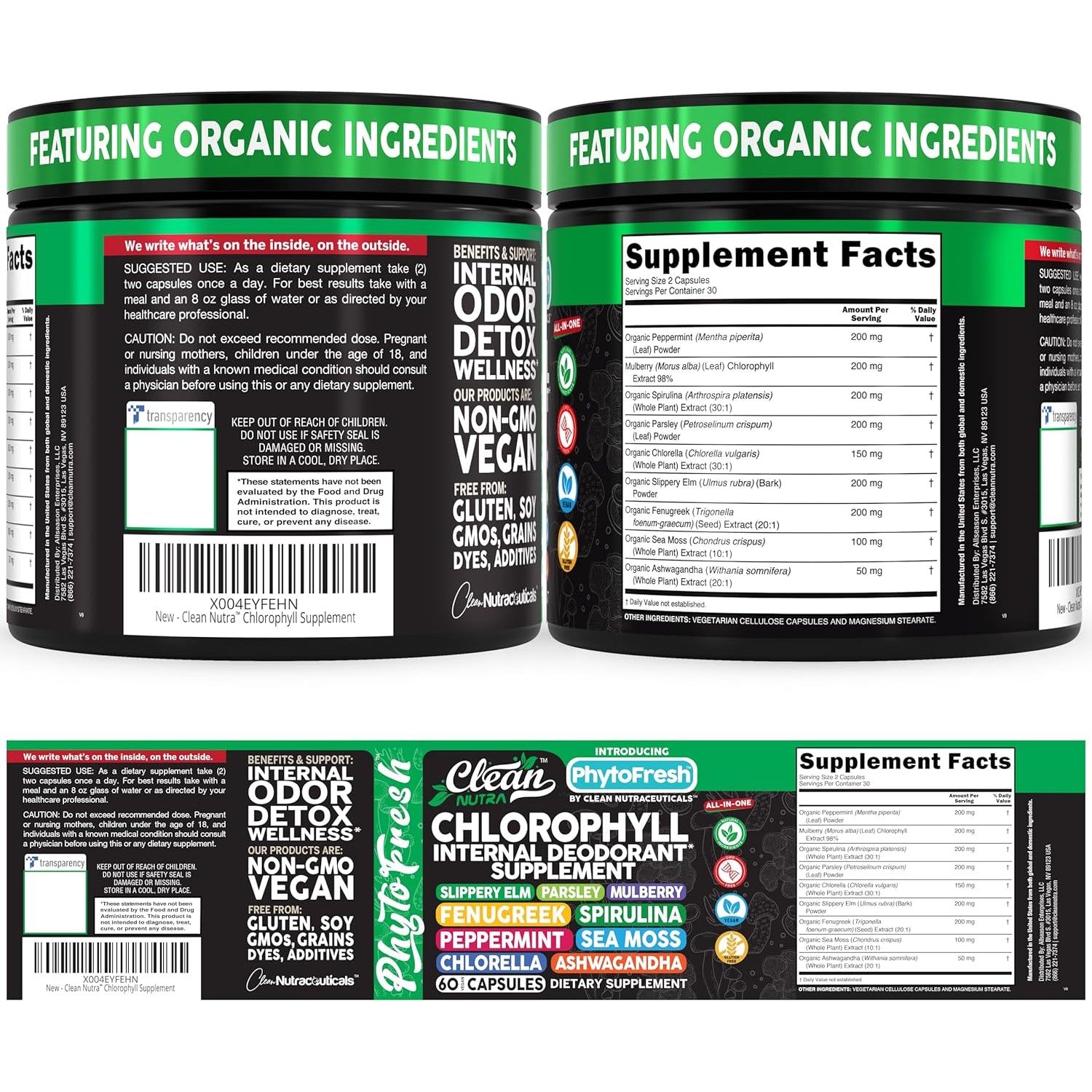 Clean Nutra Chlorophyll Capsules Supplement Internal Deodorant Peppermint, Sea Moss, Parsley, Chlorella, Spirulina, Slippery Elm, Ashwagandha, Phytofresh Greens Detox Pills