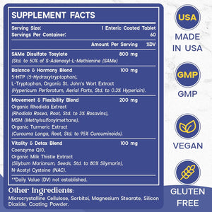 1200 MG SAM E Supplement for Brain, Mood, Joint, and Liver, High Absorption Sam-E (S-Adenosyl-L-Methionine) with Coq10, 5-HTP, Enteric Coated 60 Tablets, Vegan