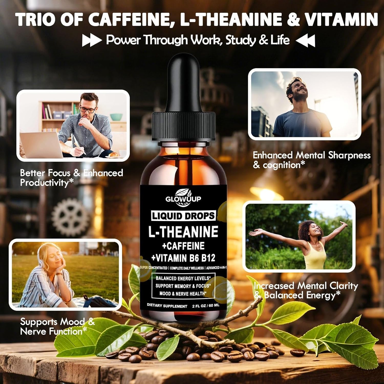 L-Theanine Supplement with Caffeine, Organic Liquid Caffeine 50Mg W. L-Theanine 100Mg, Vitamin B12 B6 for Focused Energy, Alertness & Recess Mood, Nootropic Brain Drops for Women & Men丨30 Days Supply