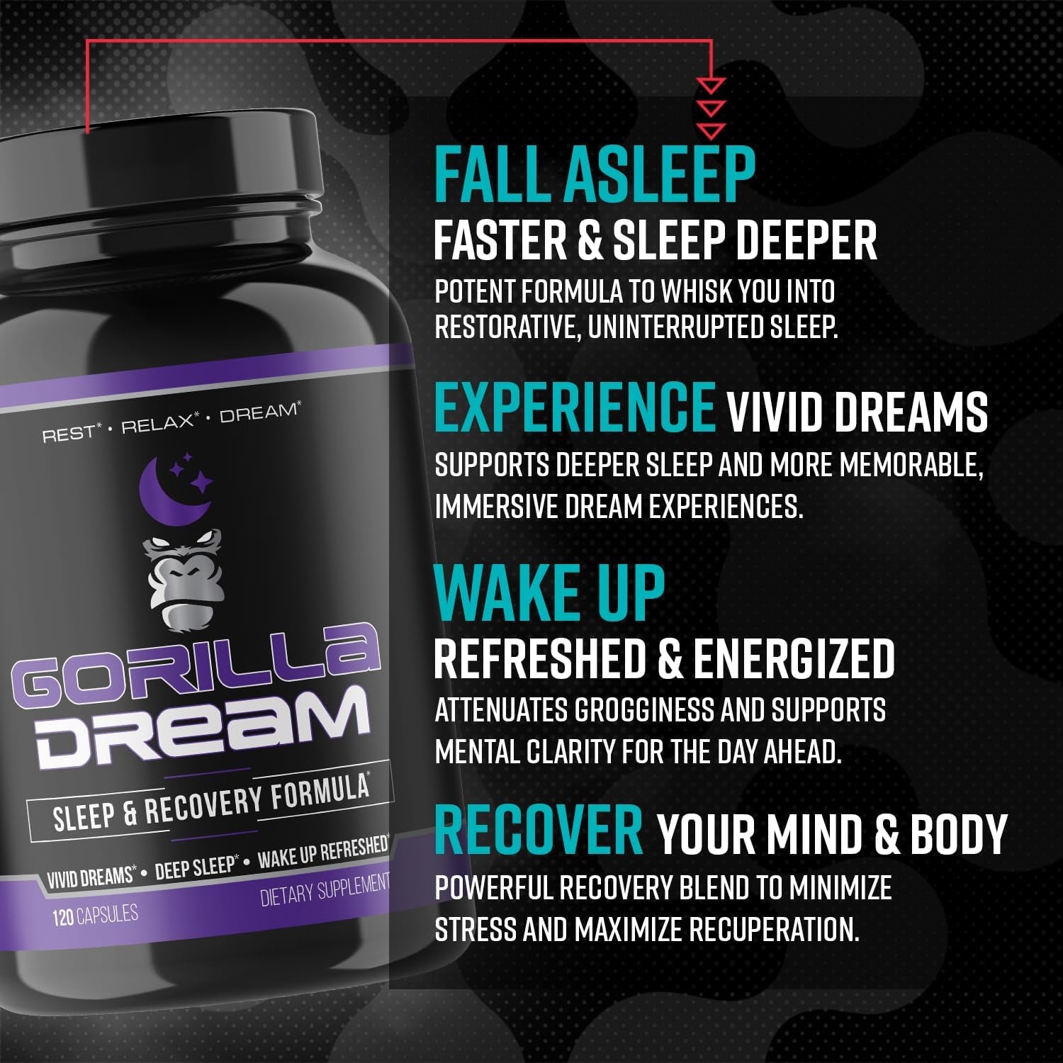 Gorilla Mind Dream Sleep Supplement (120 Capsules) - Nootropic Infused Comprehensive Sleep & Recovery Supplement - GABA, Melatonin, Valerian Root, Magnesium, L-Theanine, Sensoril, Ashwagandha & More
