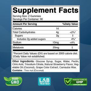 Vitabod Melatonin 20Mg Gummies - 180 Count - Drug Free - Natural Strawberry Flavor - Vegetarian, Non-Gmo, Gluten Free (1 Bottles)