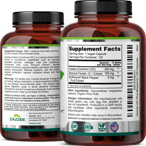 Zazzee High Absorption Indole-3-Carbinol (I3C), 200 Mg per Capsule, 120 Vegan Capsules, 4 Month Supply, 5 Mg Bioperine for Enhanced Absorption, 100% Vegetarian, All-Natural and Non-Gmo