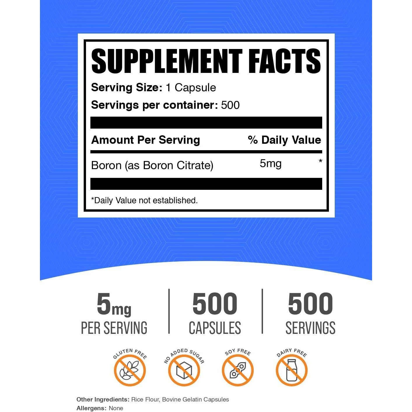 Bulksupplements.Com Boron Citrate Capsules - Boron Supplement for Men & Women, Mineral Supplement - Gluten Free, 1 Capsule per Serving (5Mg), 500 Count (Pack of 1)