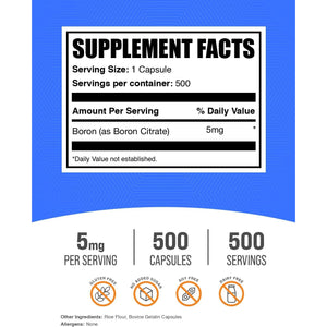 Bulksupplements.Com Boron Citrate Capsules - Boron Supplement for Men & Women, Mineral Supplement - Gluten Free, 1 Capsule per Serving (5Mg), 500 Count (Pack of 1)