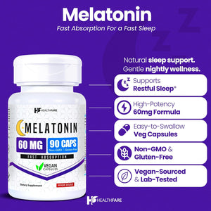 Healthfare Melatonin 60Mg | 90 Veg Capsules | High-Strength Formula | Vegetarian, Non-Gmo, Gluten-Free | Made in the USA