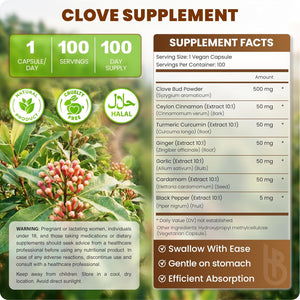 Herbpy 7In1 Clove Supplement 500Mg Rich in Vitamins & Minerals Supports Digestion, Immune & Heart Health with Cinnamon, Turmeric, Ginger, Cardamom, Garlic & Black Pepper - 100 Vegan Capsules