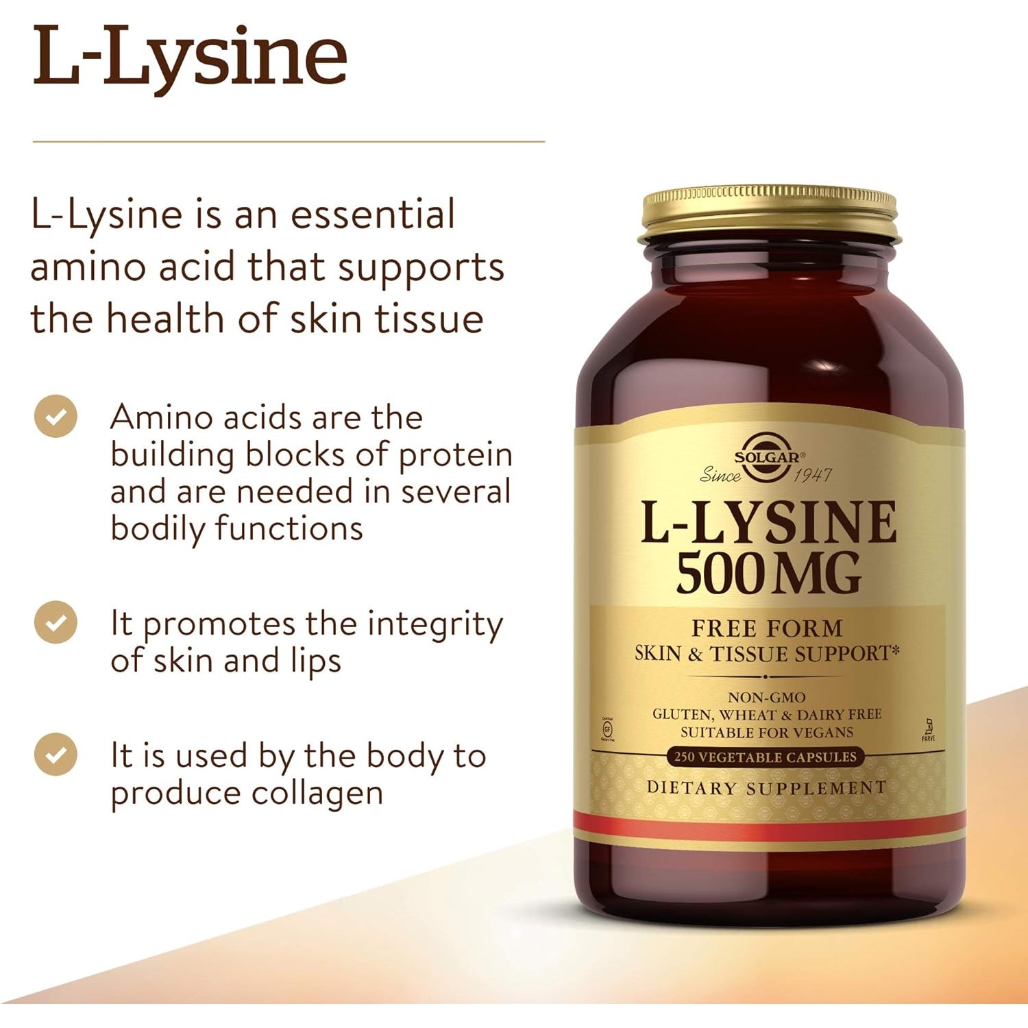 Solgar L-Lysine 500 Mg, 250 Vegetable Capsules - Enhanced Absorption & Assimilation - Promotes Integrity of Skin & Lips - Collagen Support - Amino Acids - Non-Gmo, Vegan, Gluten Free