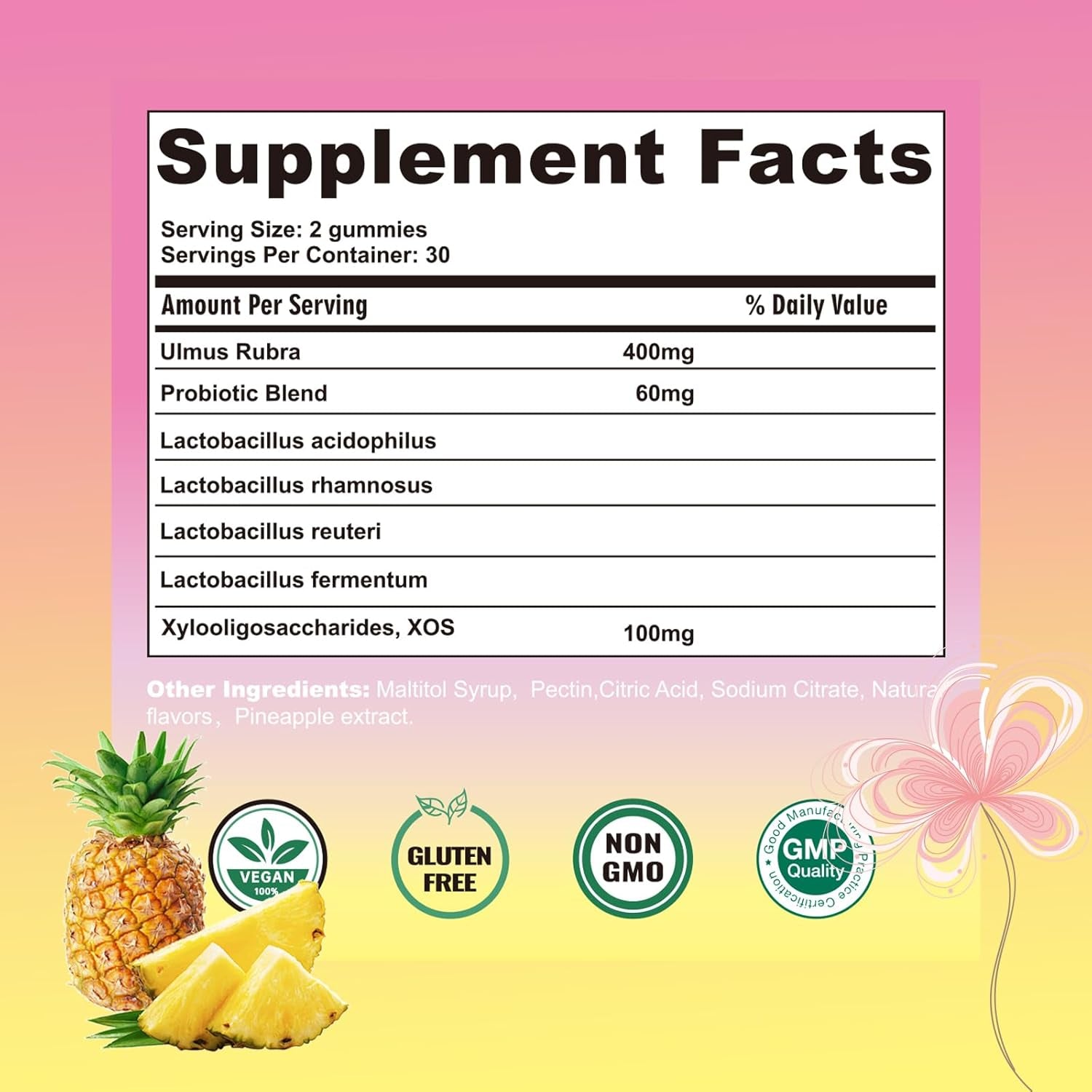 Women'S Probiotics Slippery Elm Gummies,Her Juicy PH Balance,Vaginal Feminine Probiotics Pineapple Gummies,Digestive,Immune Health