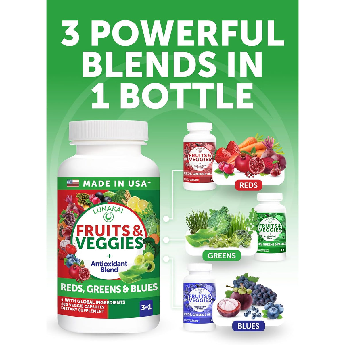 Lunakai USA Made Superfood Fruits & Veggies Supplement - All-In-One with 4 Blends & Scented Capsules, 180Ct Super Veggie Capsules for Adults