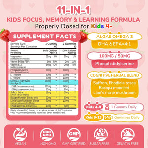 Focus Gummies for Kids, Brain Supplements with Phosphatidylserine, Omega-3 & Saffron, for Kids Memory, Focus & Attention Support, Sugar Free, Vegan, Strawberry Flavor, 60 Chewable