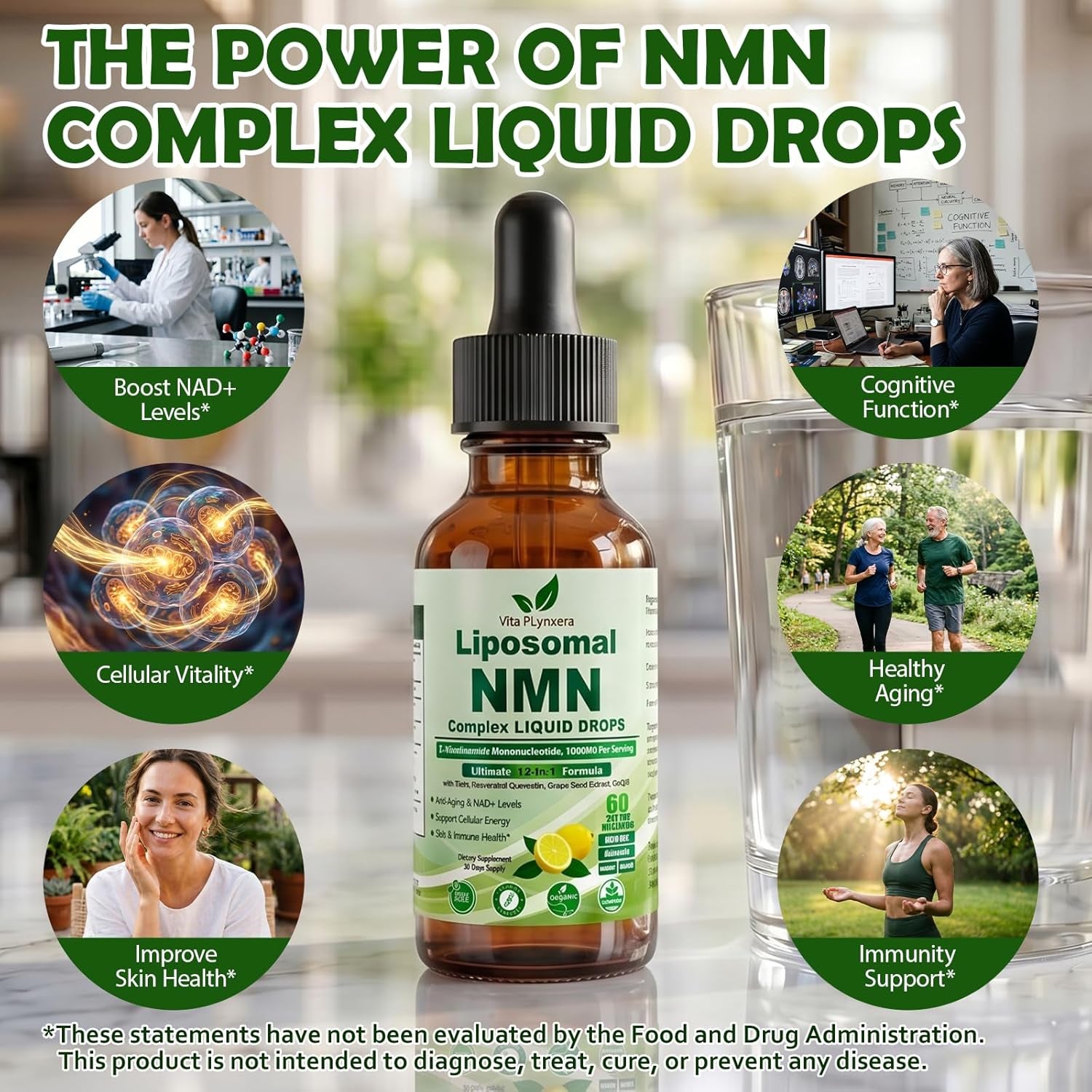 NMN Supplement Liquid Drops, Ultimate 12-In-1 NMN Beta 1000Mg W. Quercetin TMG Resveratrol Coq10 Astaxanthin for anti Aging Energy & Immune, NMNH Alternative Liposomal High Absorption for Women Men