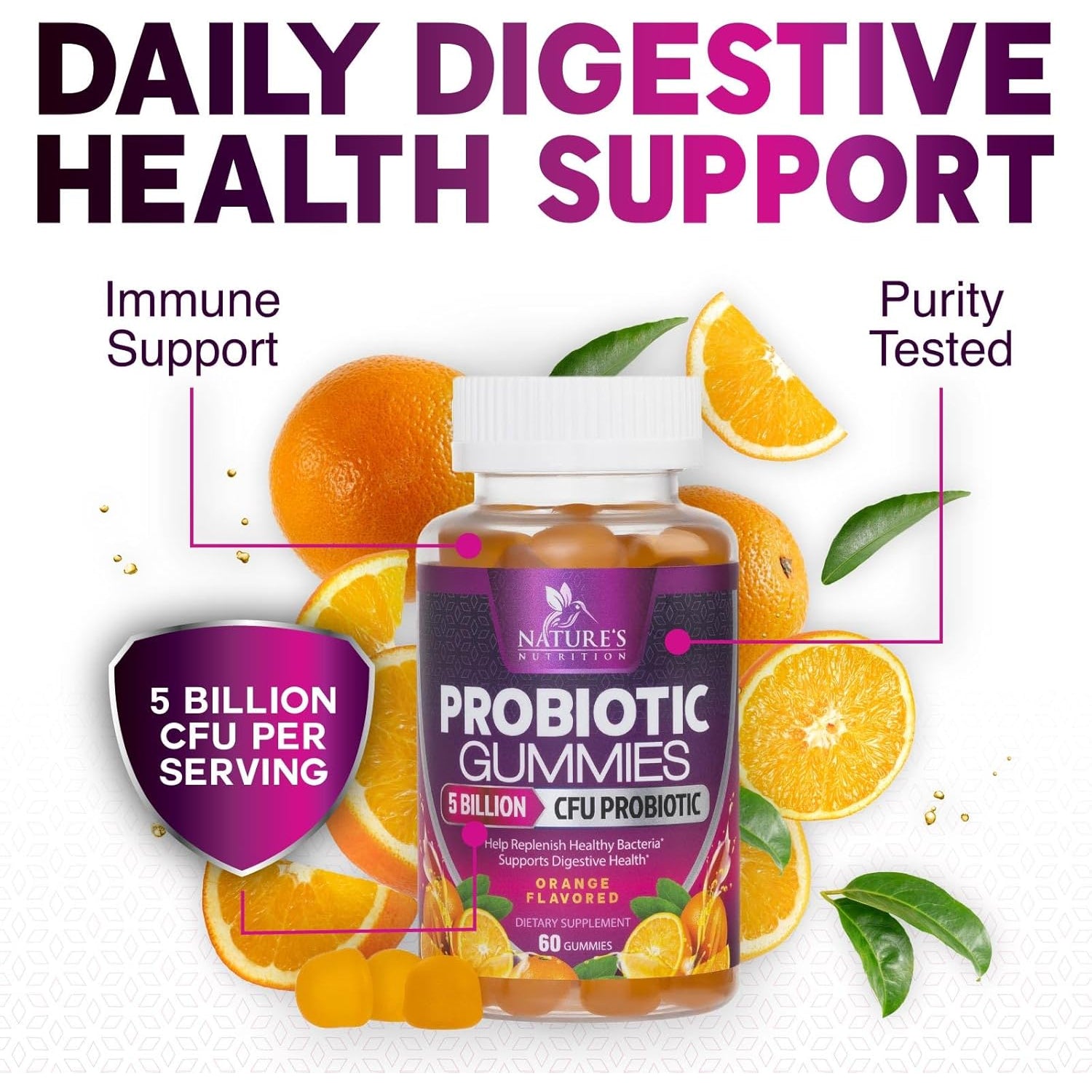 Probiotics for Digestive Health Gummies - 6 Unique Strains for Daily Immune Support & Gut Health, Supports Constipation, Gas & Bloating - Best Probiotic Supplement Gummy for Women & Men - 60 Gummies