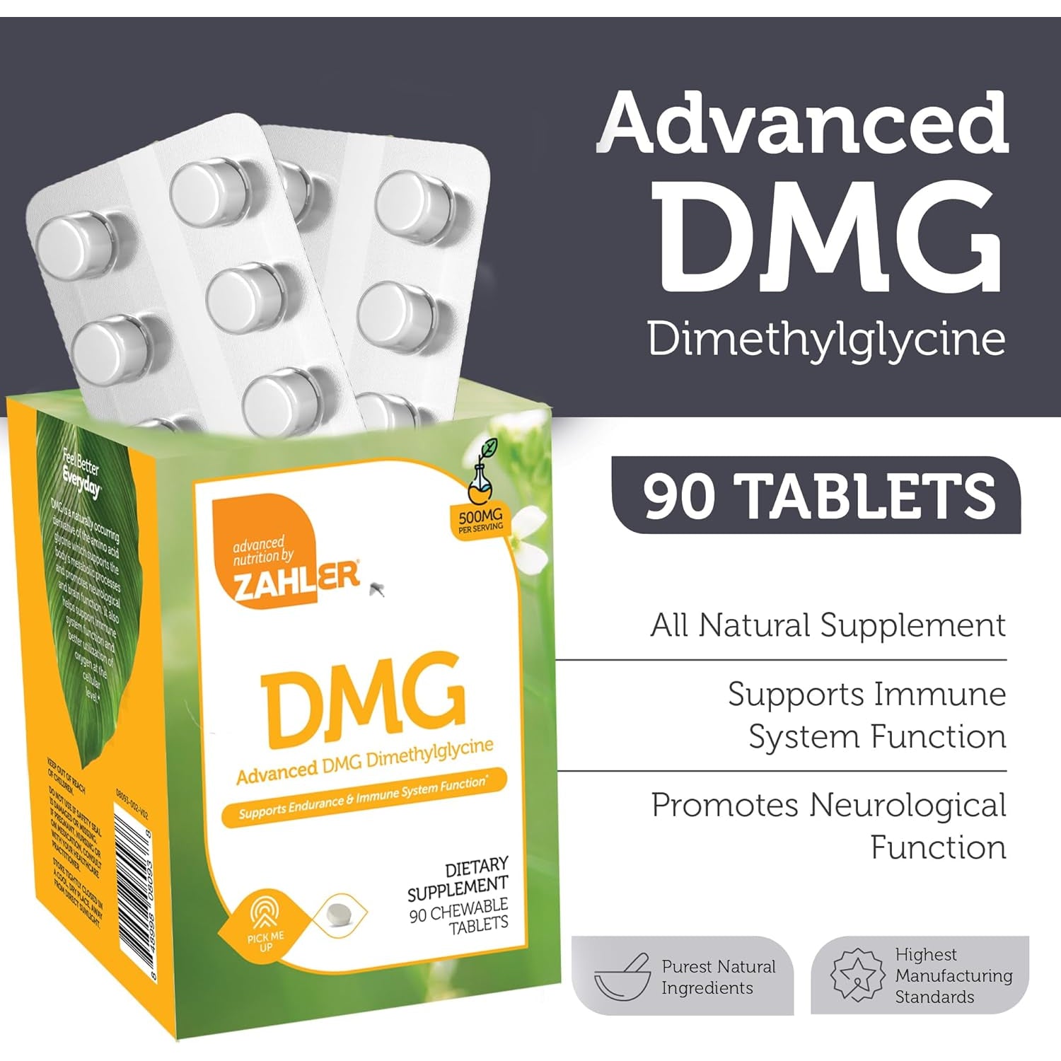 Zahler DMG 500Mg - DMG Dimethylglycine Supplement for Endurance & Immune System Support - DMG Supplements with Amino Acid Glycine - Nootropic Brain Supplement - Kosher 1 a Day Tablets 90 Count