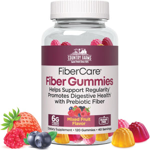 Country Farms Fiber Care Prebiotic Gummies, 6G of Fiber per Serving, GLP-1 Booster, FOS from Beets, Digestive Health and Bloat, Supports Regularity, Mixed Fruit Flavor, 120 Gummies, 40 Servings